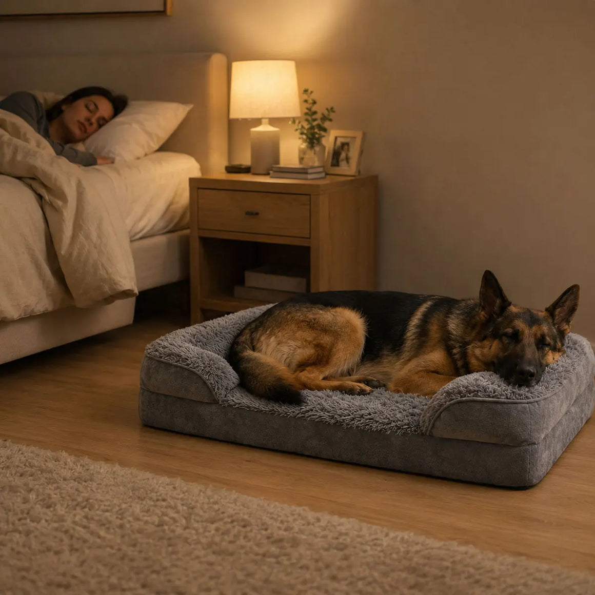 Un chien endormi sur son lit Sleepy Buddy, au pied du lit de ses humains